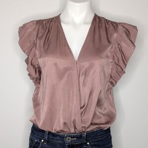 Express Blush Pink Satin V Neck Ruffle Short Sleeve Bodysuit S